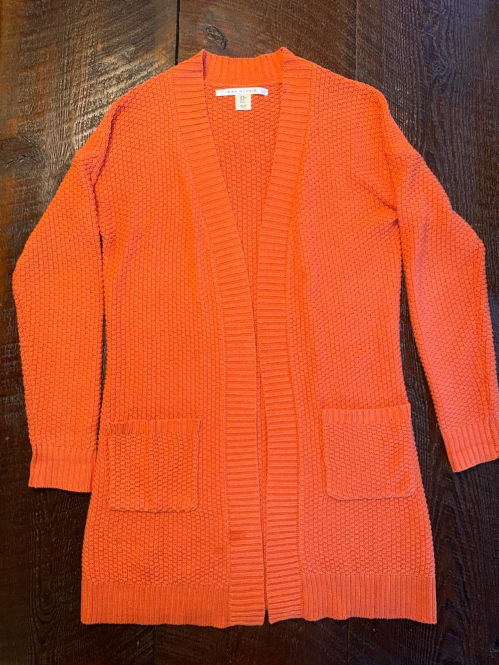 Max Studio Orange Open Knit Cardigan Sweater Women’s M Chunky Cozy Long Sleeve